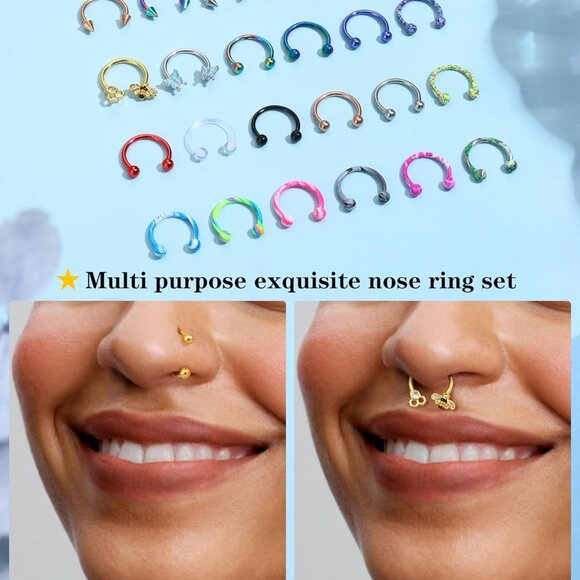 24 pcs Hypoallergenic Stainless Steel Septum and Cartilage Nose Rings Set with C - Picture 8 of 8